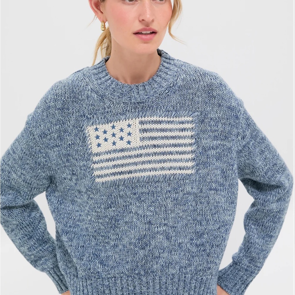 Rachel Zoe Blue Marled Crewneck Sweater with Flag Intarsia